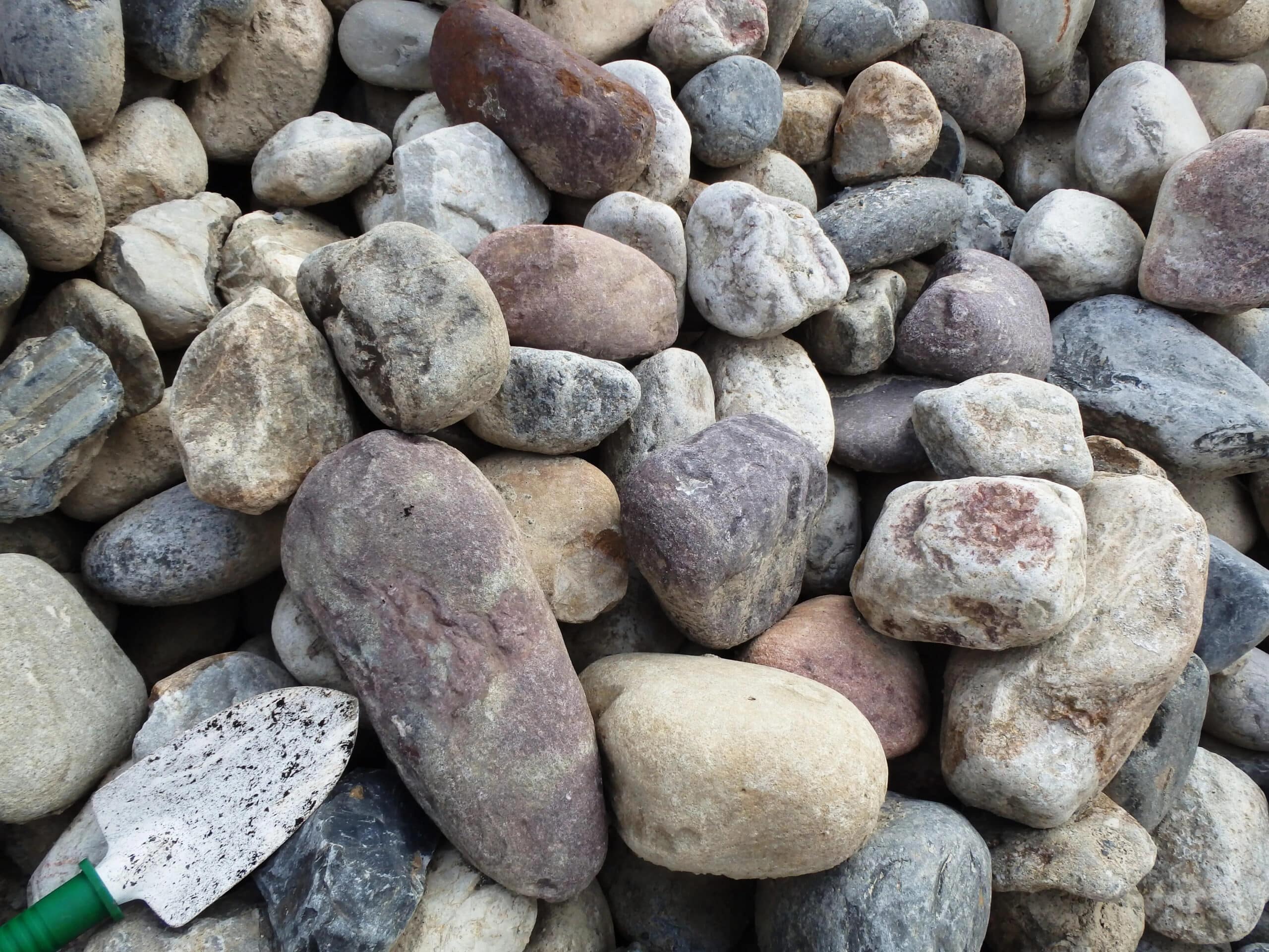 Assortment of smooth, multi-colored landscaping rocks piled together with a gardening trowel.