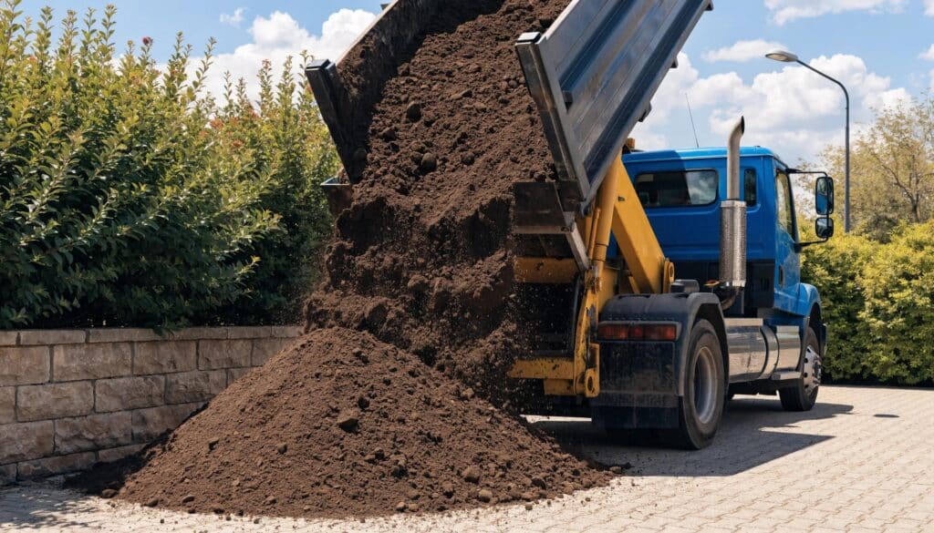 Bulk topsoil delivery scene with a truck unloading fresh topsoil in a vibrant garden