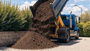Bulk topsoil delivery scene with a truck unloading fresh topsoil in a vibrant garden