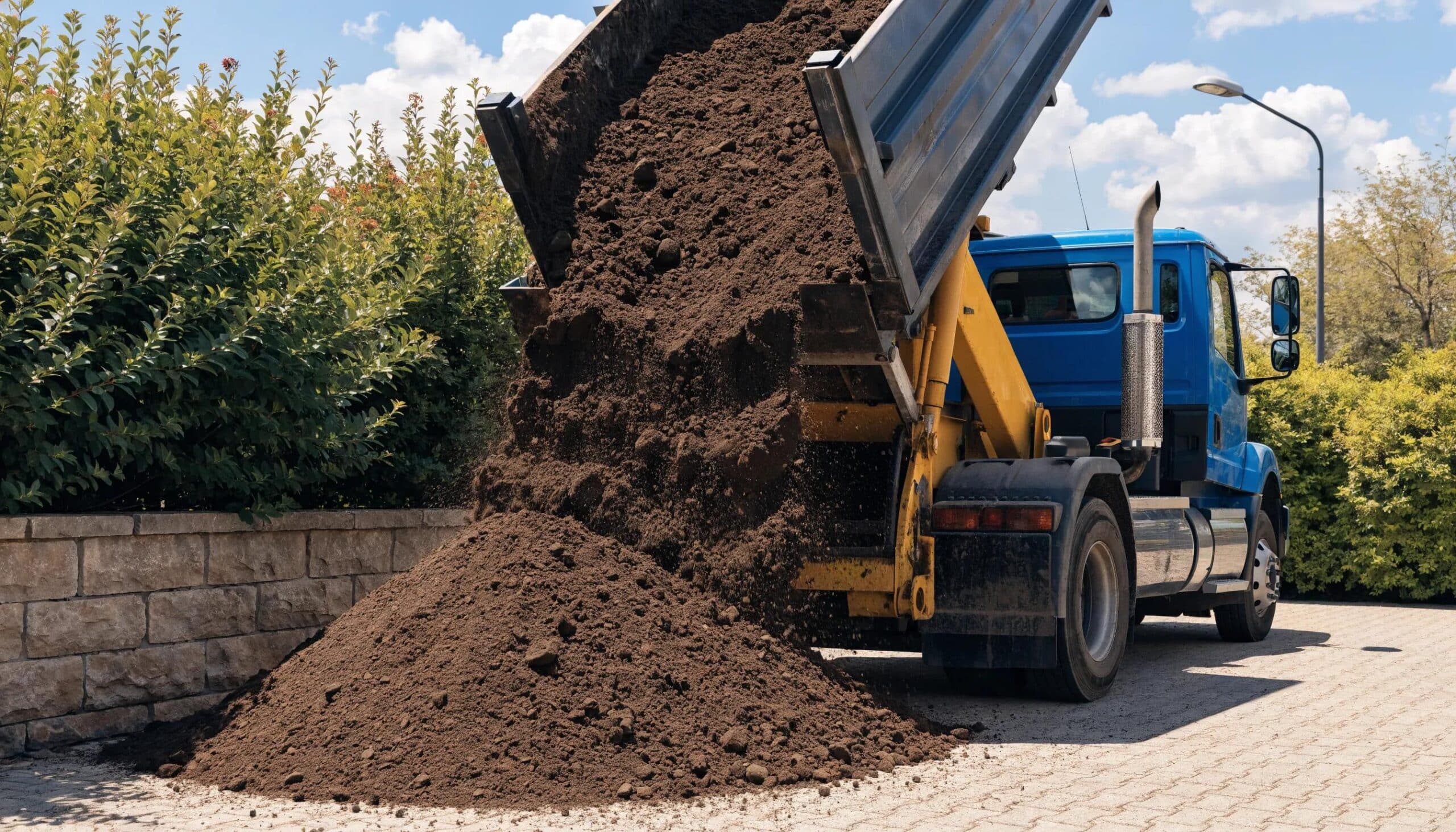 Bulk topsoil delivery scene with a truck unloading fresh topsoil in a vibrant garden