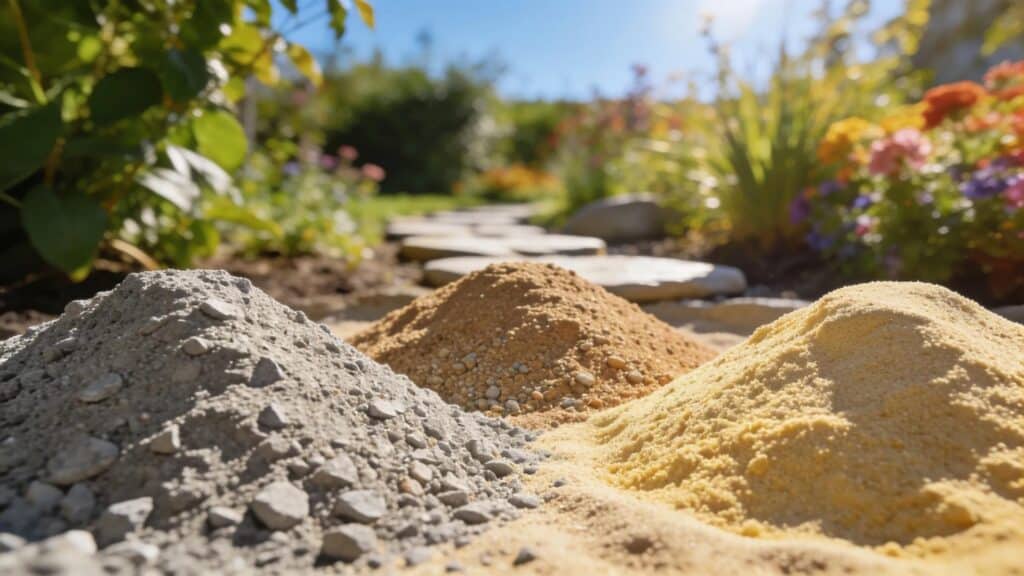 Assorted types of bulk sand in a landscaped environment highlighting masonry, concrete, and play sand
