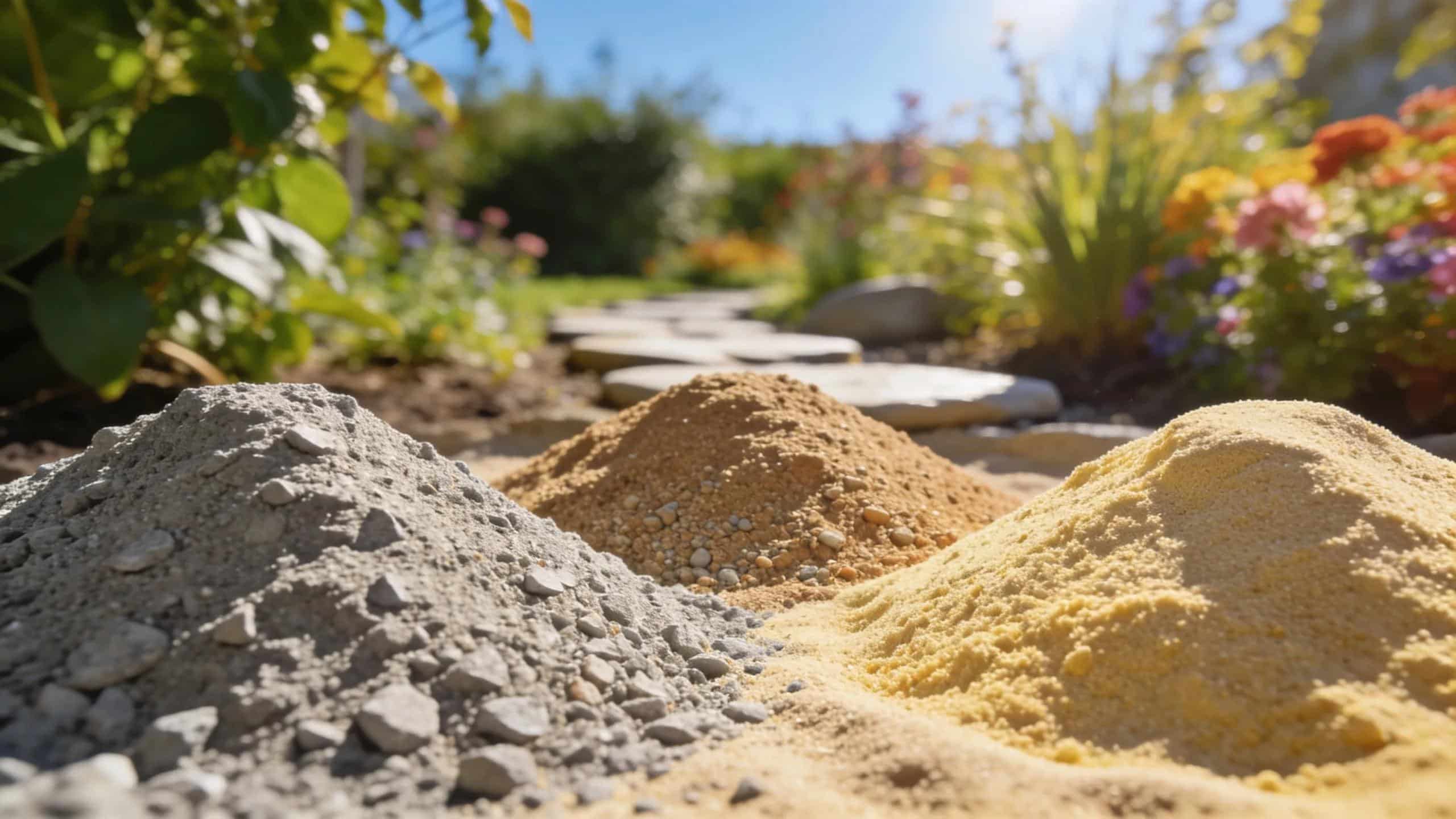 Assorted types of bulk sand in a landscaped environment highlighting masonry, concrete, and play sand