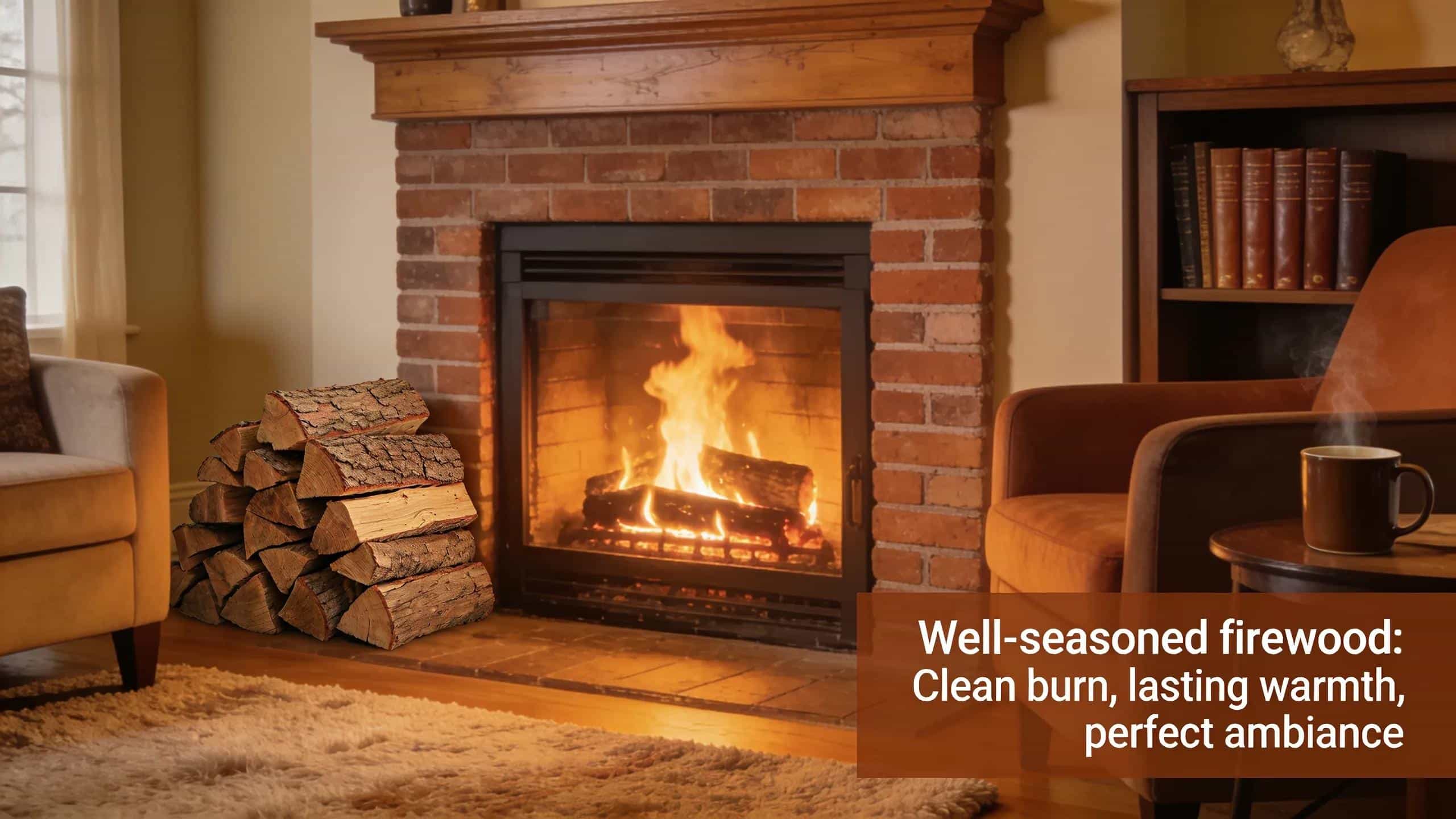 Cozy fireplace with stacked seasoned firewood, illustrating home heating benefits