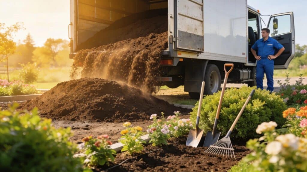 Bulk topsoil delivery truck unloading topsoil into a vibrant garden setting
