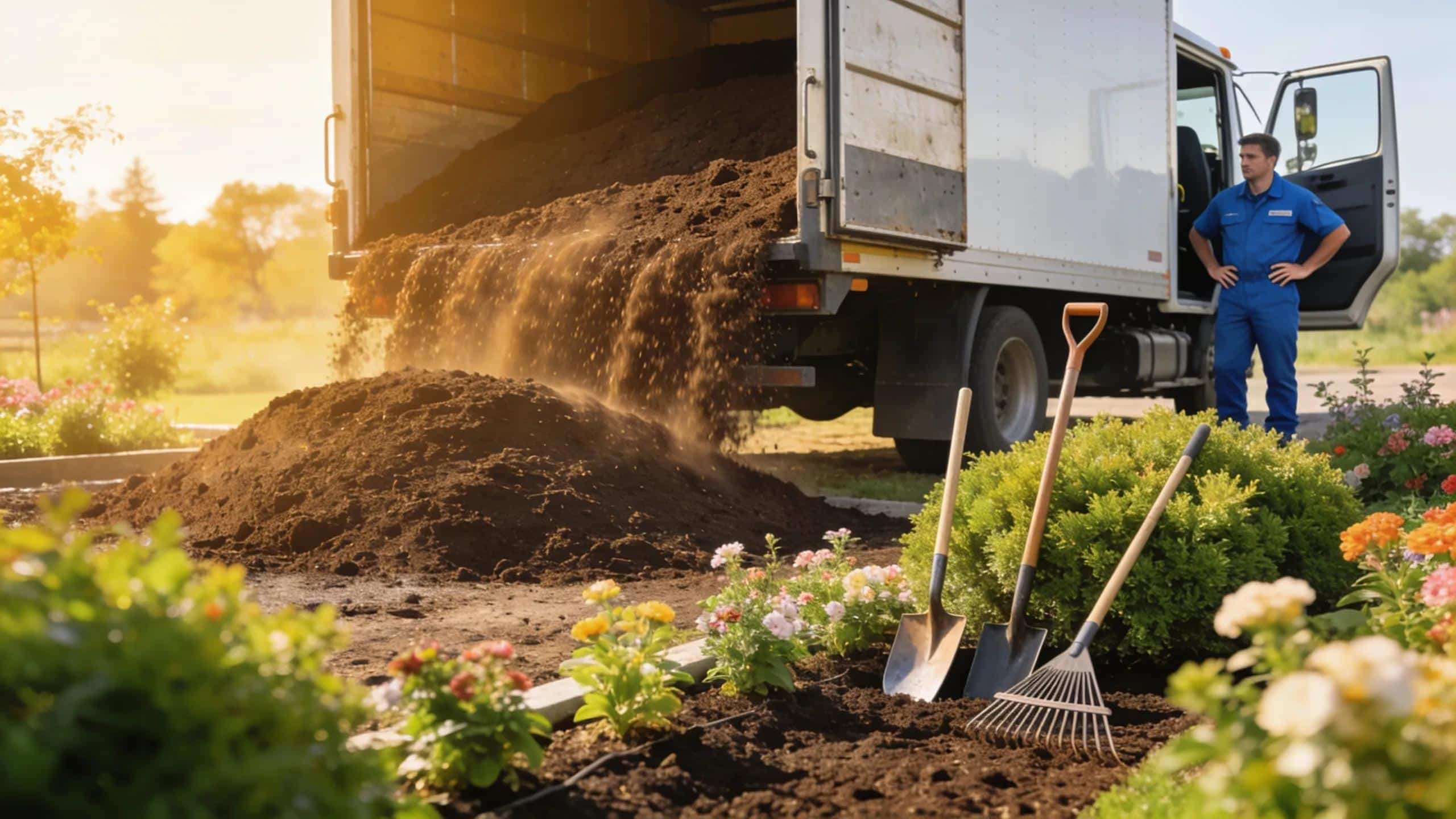 Bulk topsoil delivery truck unloading topsoil into a vibrant garden setting