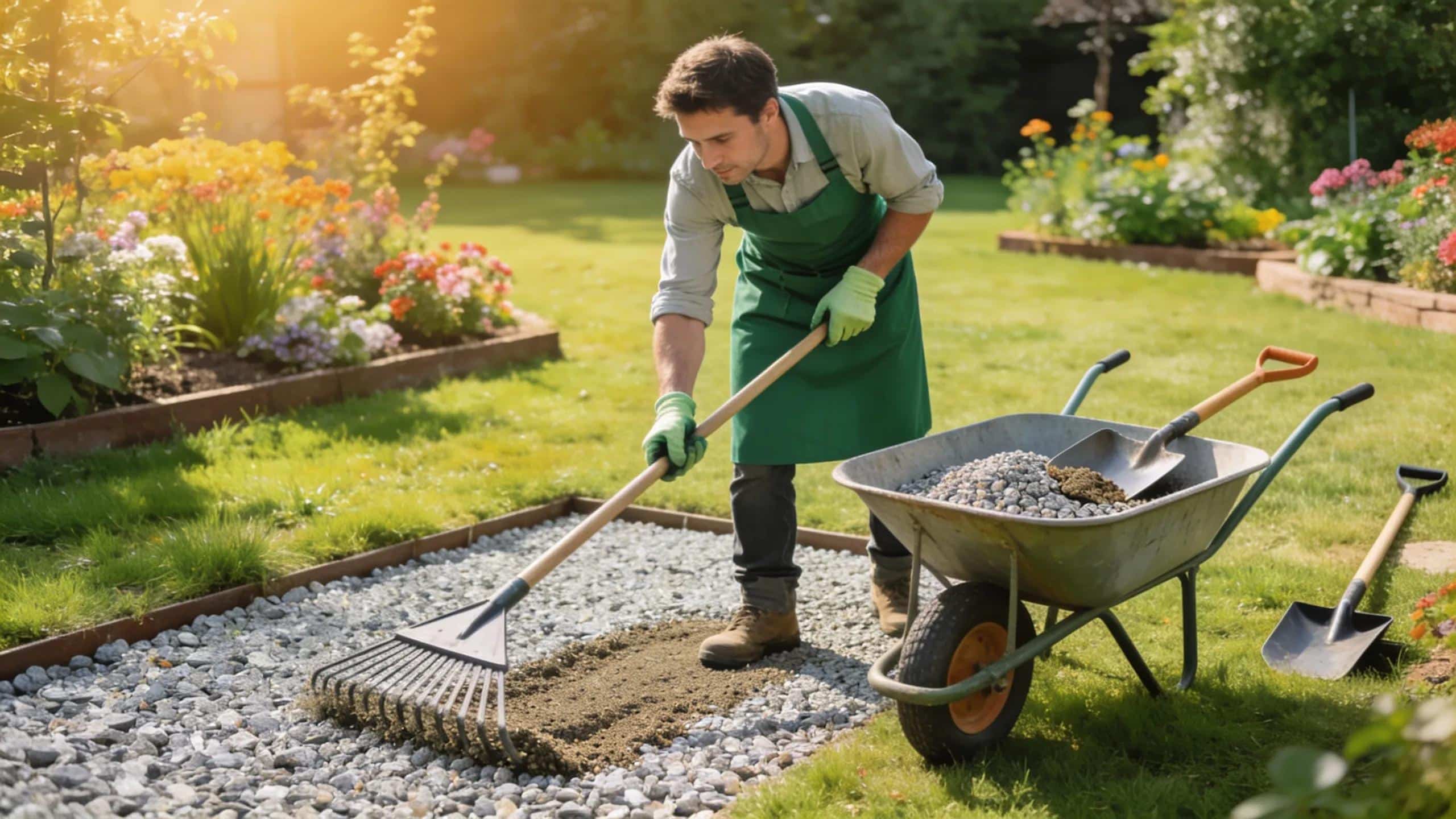 Gardener installing gravel in a landscaped garden, showcasing effective installation techniques