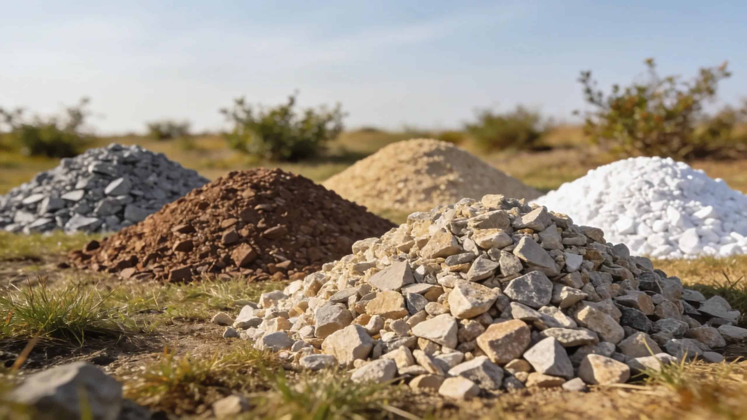 Various types of gravel and crushed stone displayed outdoors for landscaping applications