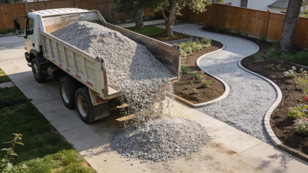 Bulk gravel delivery truck in a residential area enhancing landscaping with gravel pathways