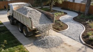Bulk gravel delivery truck in a residential area enhancing landscaping with gravel pathways