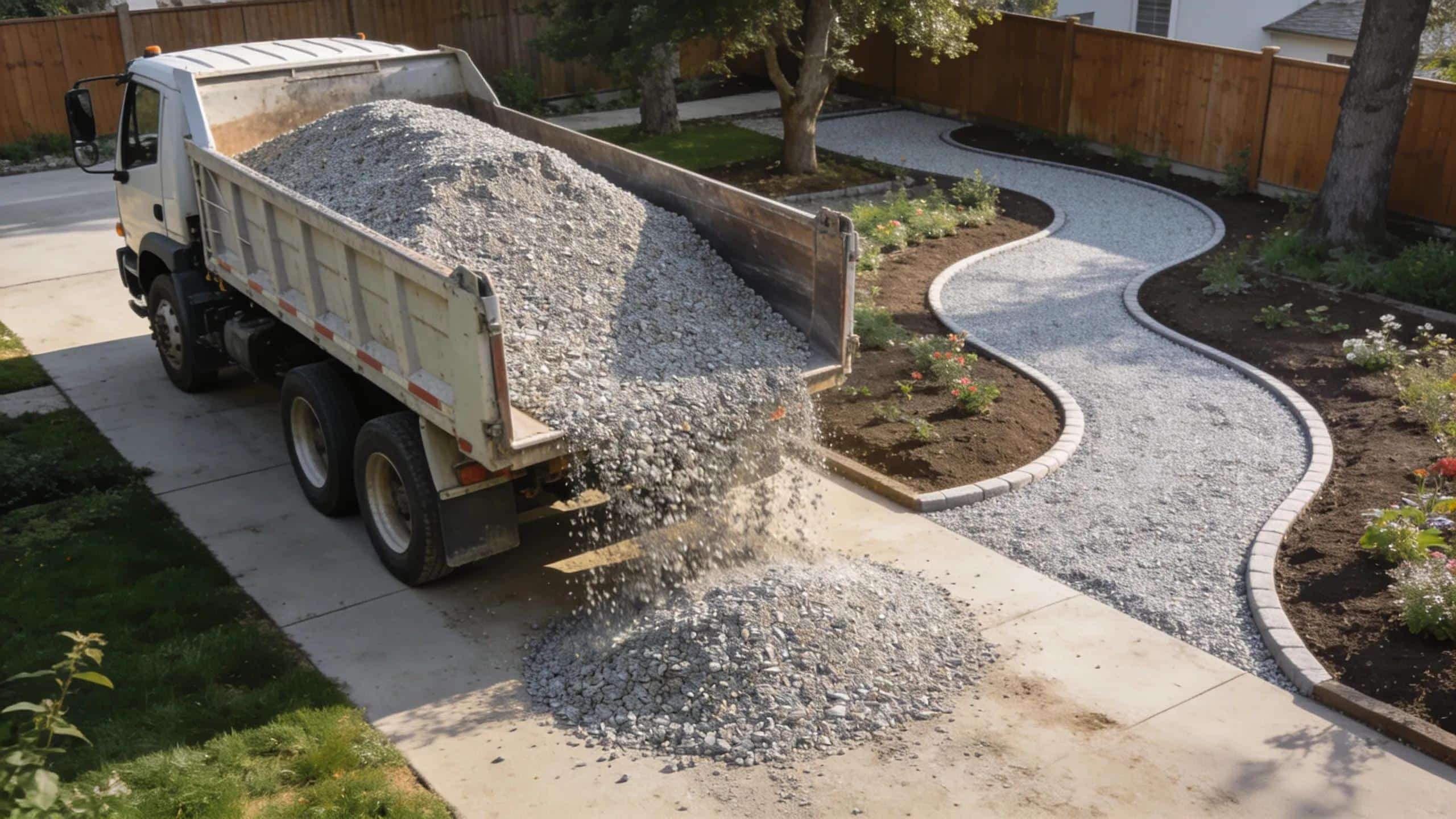 Bulk gravel delivery truck in a residential area enhancing landscaping with gravel pathways