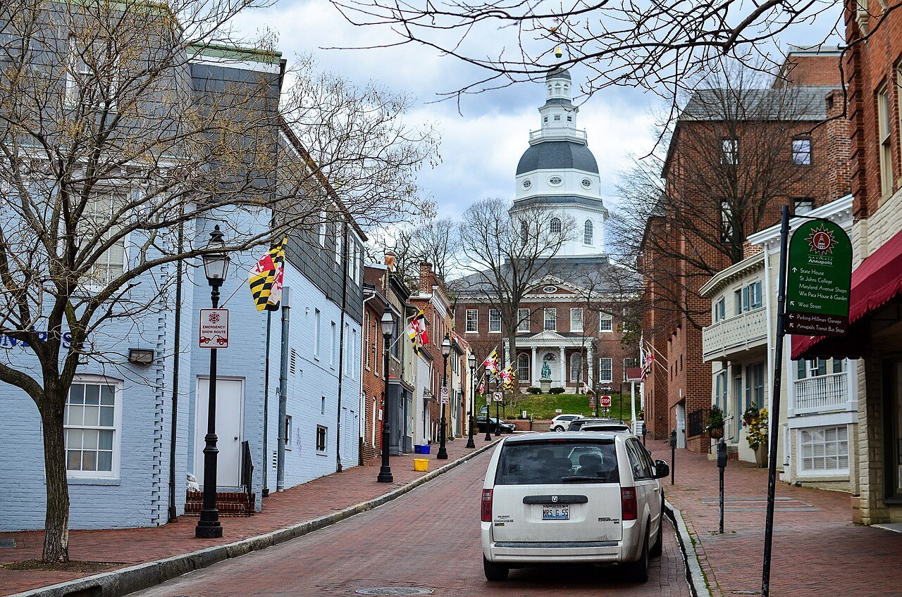 Maryland State House dome seen up brick-lined Francis Street in downtown Annapolis