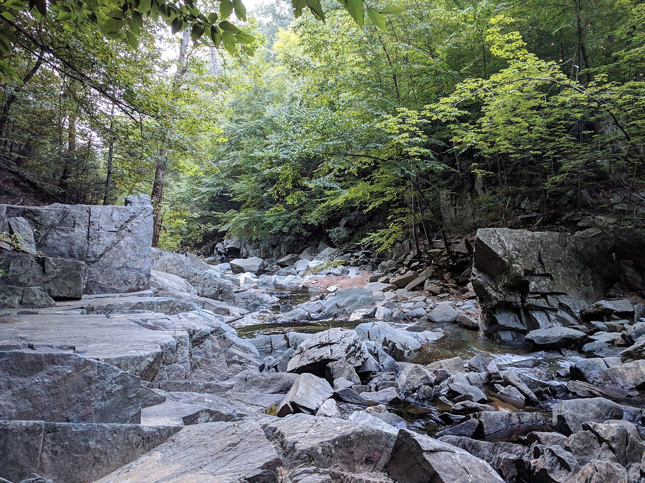 Scotts Run flowing over rocky ledges at Scotts Run Nature Preserve in McLean