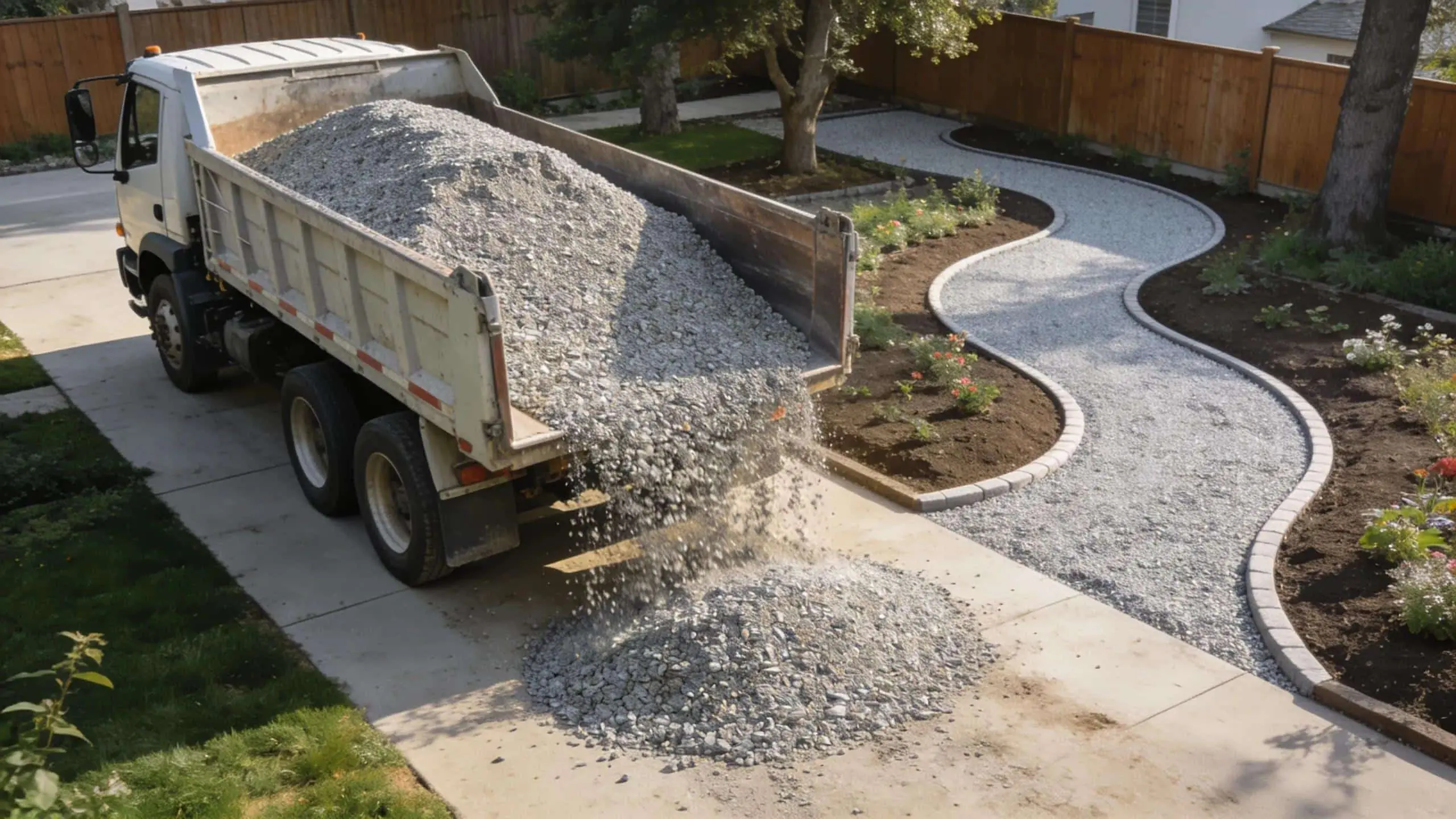 Bulk gravel delivery truck in a residential area enhancing landscaping with gravel pathways